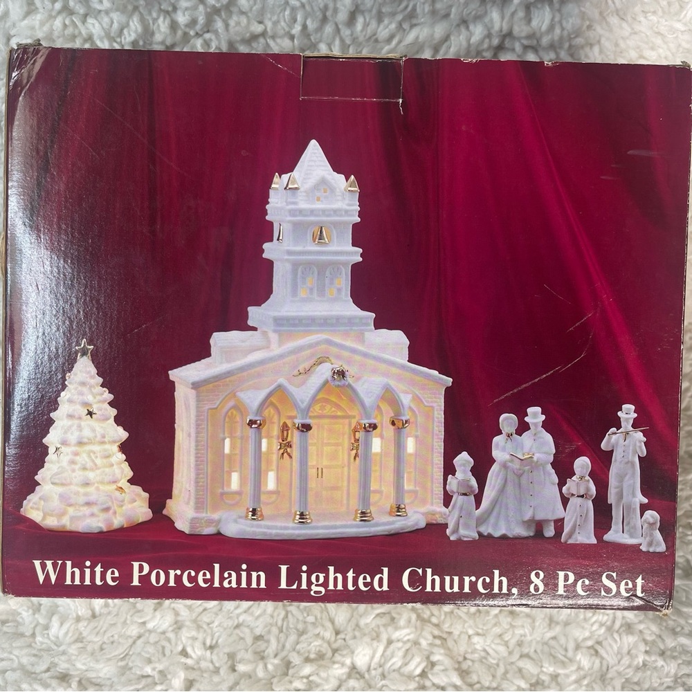 White Porcelain Lighted Church & Tree with Carolers 8pc set with Original Box